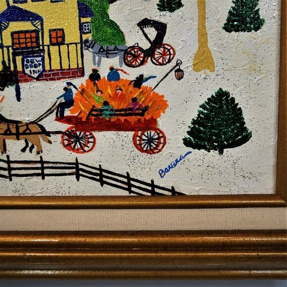 Folk Art Painting Naive Primitive Americana Vintage Art Naif Signed On Canvas - Picture 11 of 11